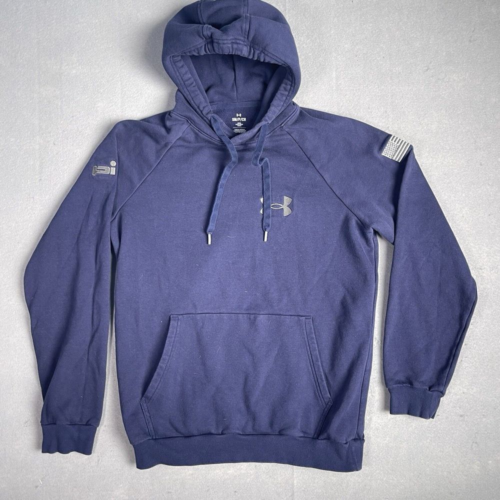 Under Armour Hoodie Pullover Sweater Men Small Blue Pi American Flag Long Sleeve